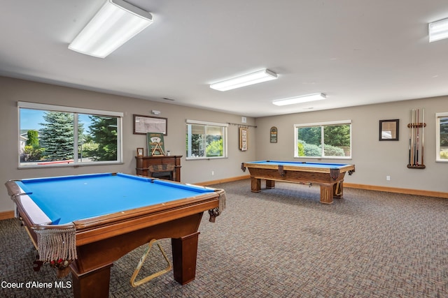 rec room with carpet flooring and billiards