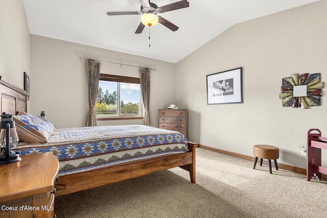 bedroom featuring ceiling fan, carpet floors, and vaulted ceiling