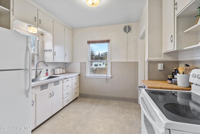 kitchen with white cabinetry, sink, and white appliances