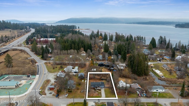 birds eye view of property with a water and mountain view