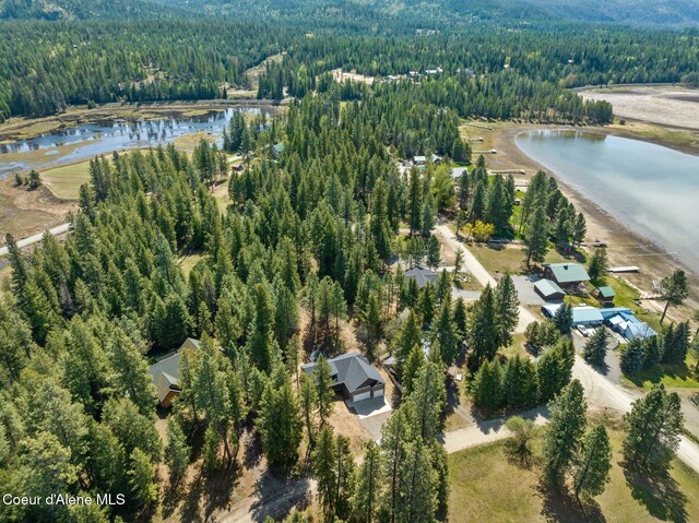 birds eye view of property with a water view and a forest view