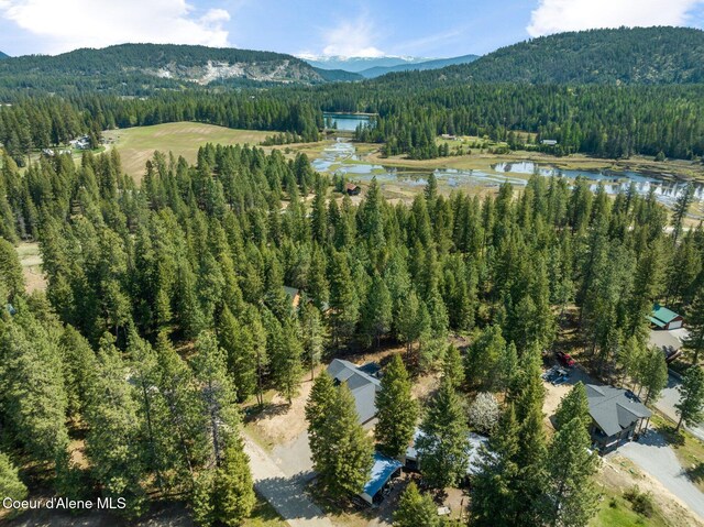 aerial view with a water and mountain view and a forest view