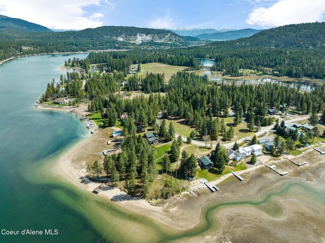 birds eye view of property with a view of trees and a water and mountain view
