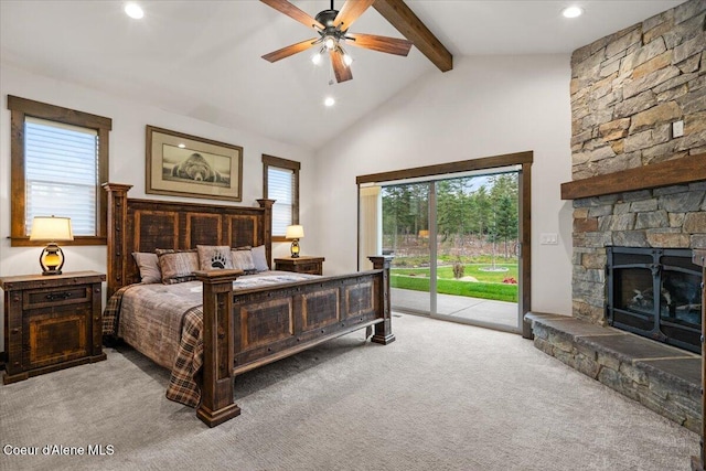 carpeted bedroom with ceiling fan, beam ceiling, access to outside, and multiple windows