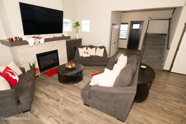 living room featuring wood-type flooring and a stone fireplace