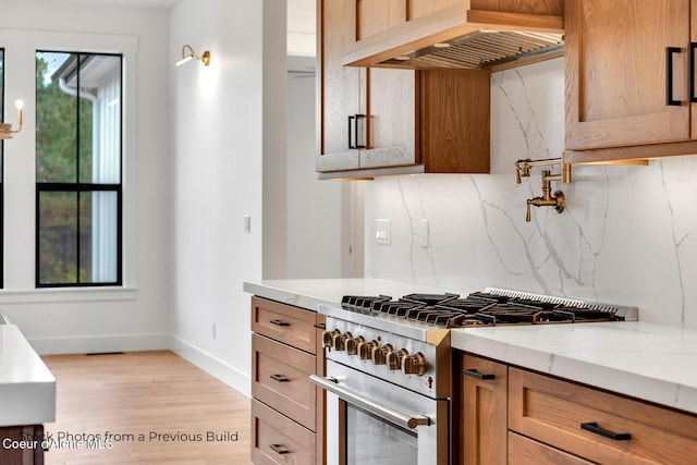 kitchen featuring tasteful backsplash, light stone counters, custom exhaust hood, high end stainless steel range oven, and light hardwood / wood-style flooring