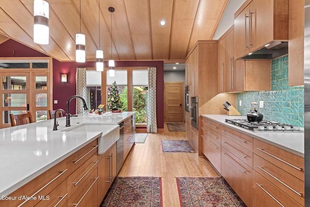 kitchen with sink, hanging light fixtures, decorative backsplash, appliances with stainless steel finishes, and light hardwood / wood-style floors