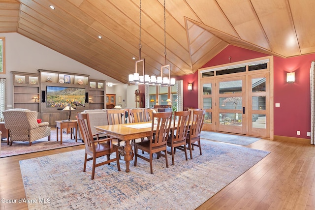 dining space with hardwood / wood-style floors, wooden ceiling, and high vaulted ceiling