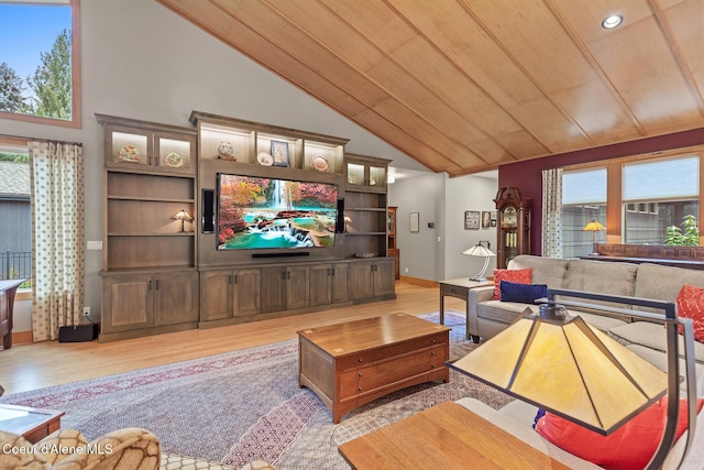 living room featuring plenty of natural light, wooden ceiling, and light hardwood / wood-style flooring