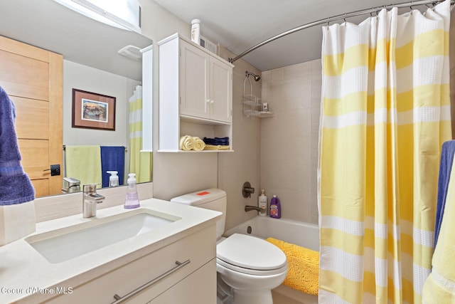 full bathroom with vanity, toilet, and shower / bathtub combination with curtain