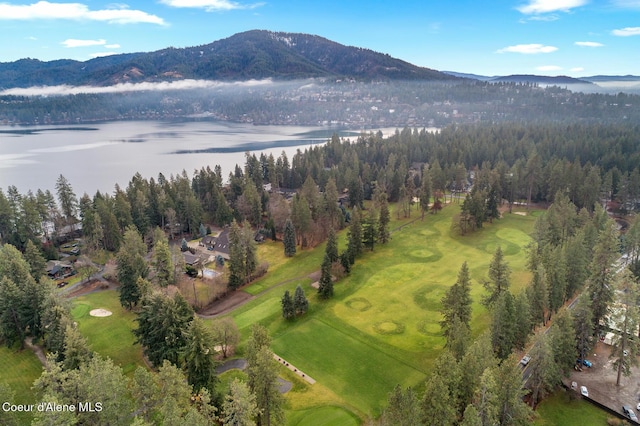 bird's eye view with a water and mountain view