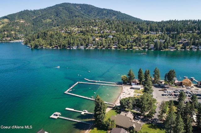 bird's eye view featuring a water and mountain view