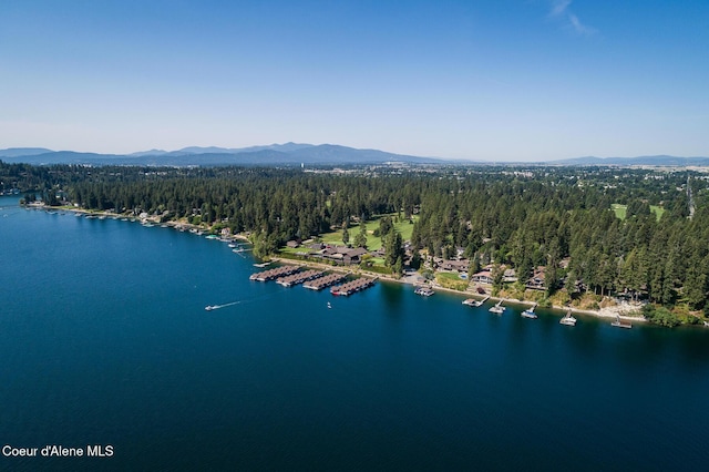 aerial view featuring a water and mountain view