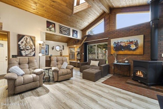 living room with a healthy amount of sunlight, a wood stove, wood ceiling, and high vaulted ceiling