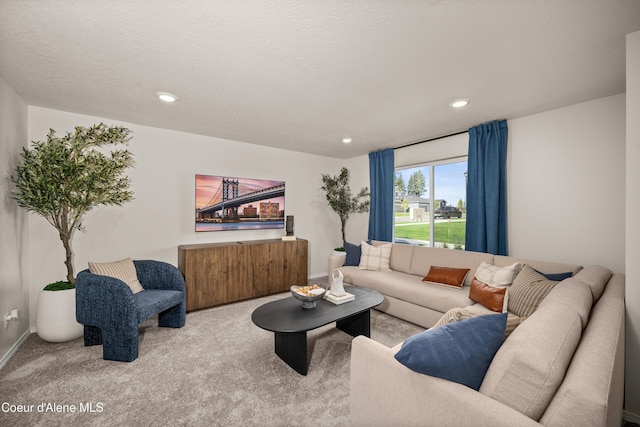 living room featuring a textured ceiling and light colored carpet