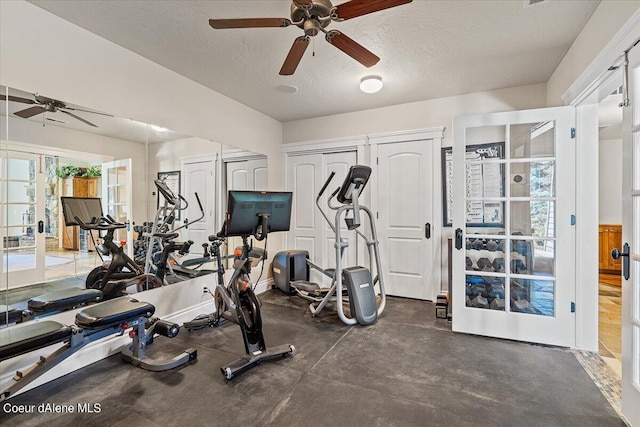 workout room featuring french doors, a textured ceiling, and ceiling fan