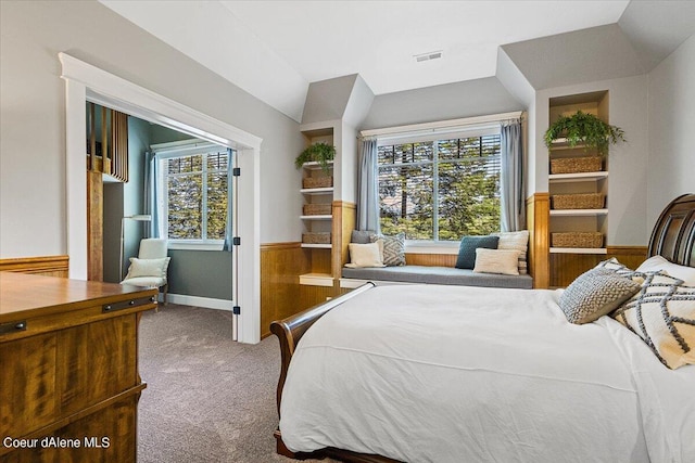 carpeted bedroom with multiple windows and vaulted ceiling