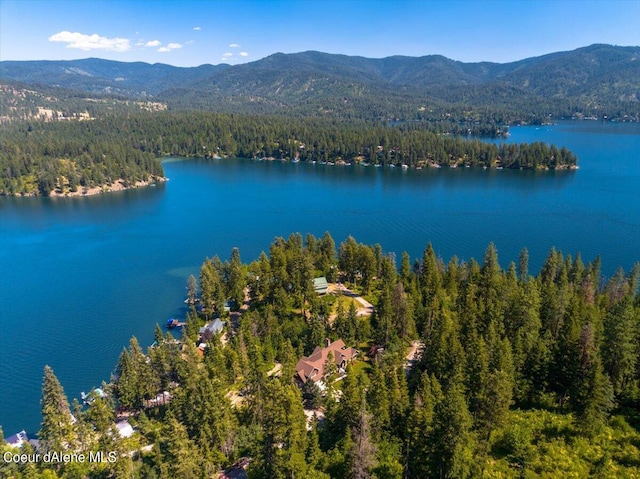 bird's eye view featuring a water and mountain view