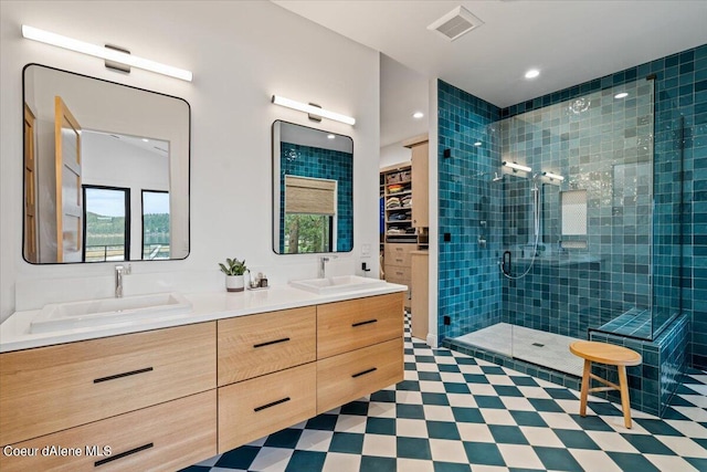 bathroom featuring vanity and a shower with shower door