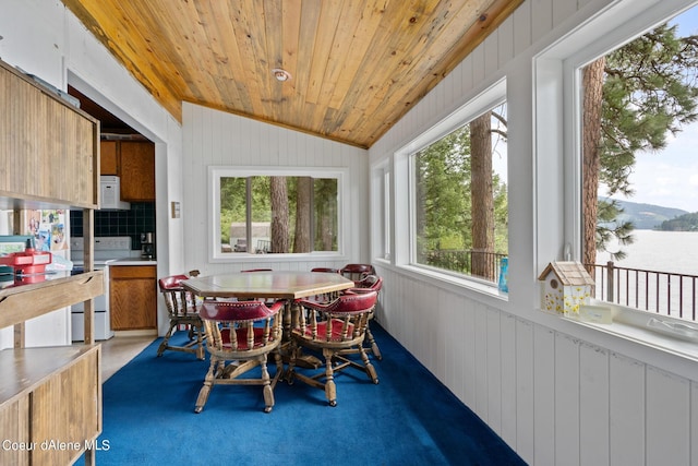 sunroom with wood ceiling and vaulted ceiling