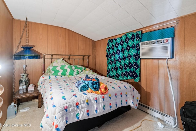 carpeted bedroom featuring a baseboard radiator, vaulted ceiling, and wooden walls