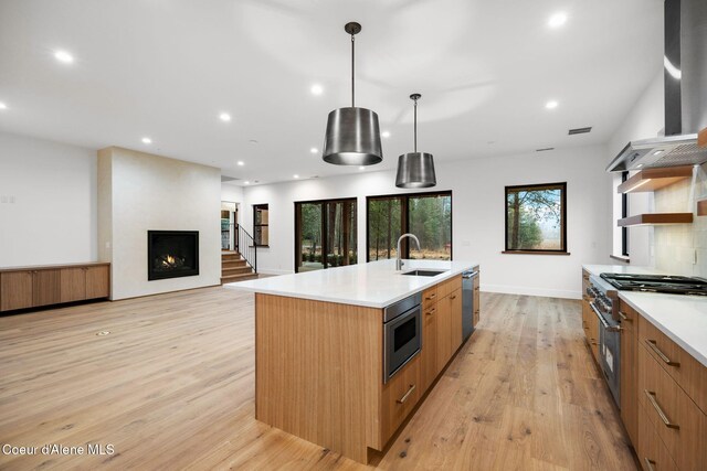 kitchen featuring a large island, sink, decorative light fixtures, a fireplace, and appliances with stainless steel finishes