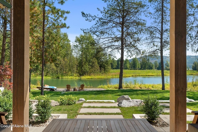 surrounding community with a yard and a water view