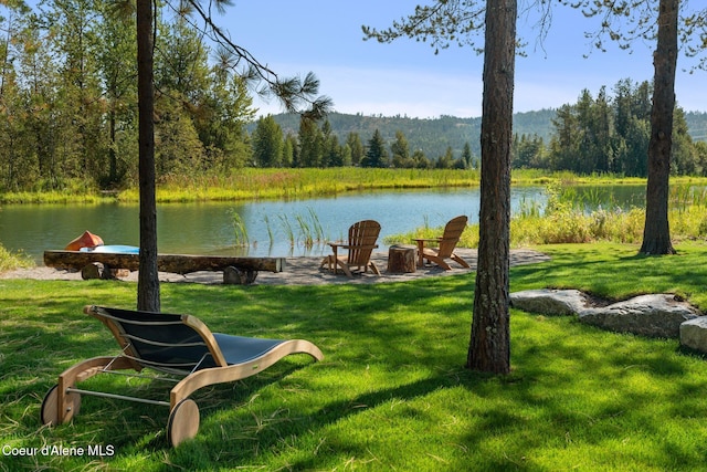 view of property's community with a lawn and a water view