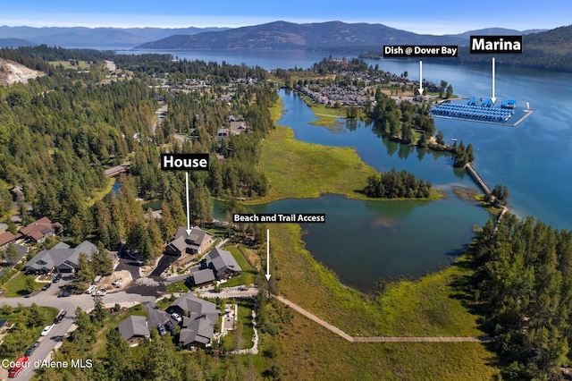 birds eye view of property featuring a water and mountain view