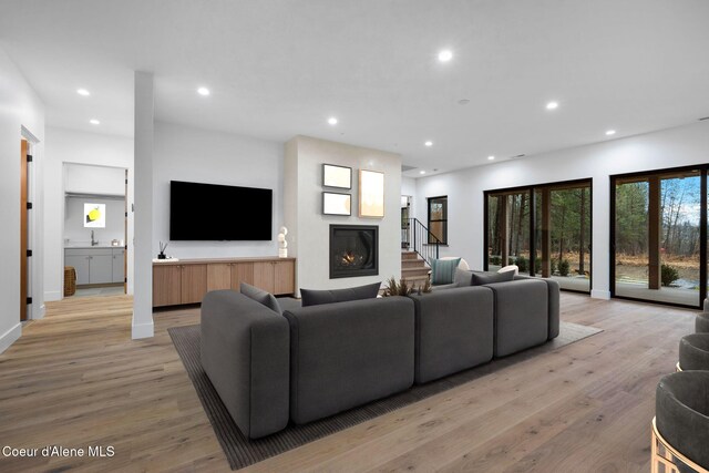 living room with light wood-type flooring and a large fireplace