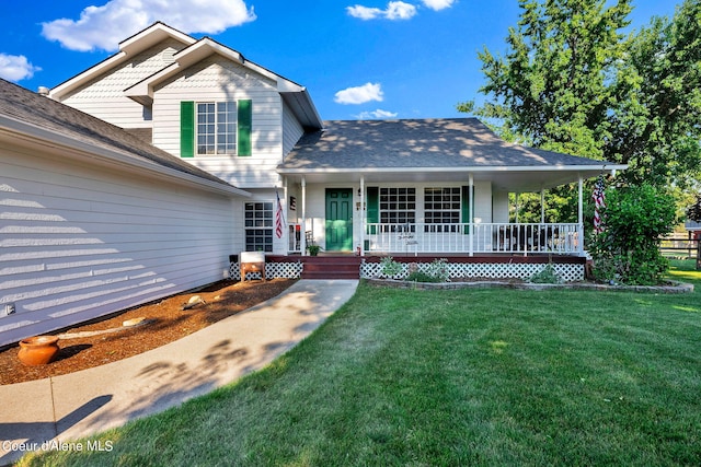 view of front of house featuring covered porch and a front lawn