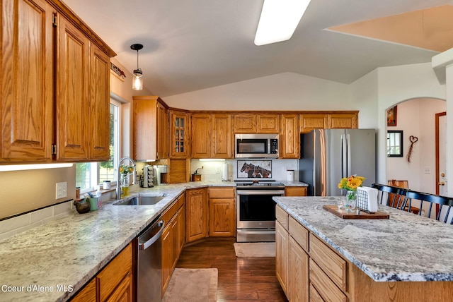 kitchen featuring sink, dark wood-type flooring, decorative light fixtures, vaulted ceiling, and appliances with stainless steel finishes