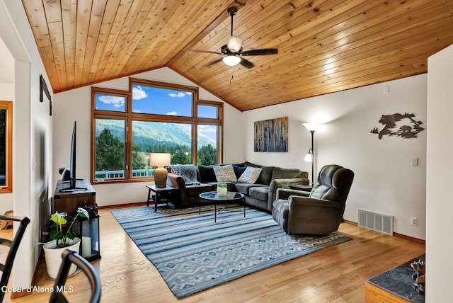 living room featuring hardwood / wood-style floors, lofted ceiling, ceiling fan, and wooden ceiling