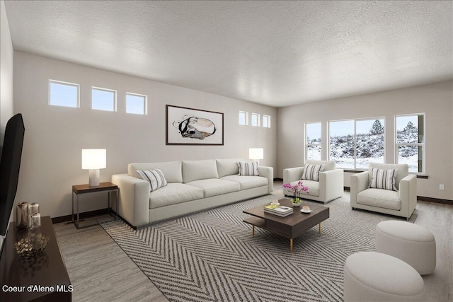 living room featuring a textured ceiling and hardwood / wood-style flooring