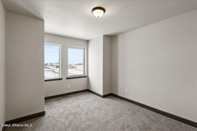 spare room with light colored carpet and a textured ceiling