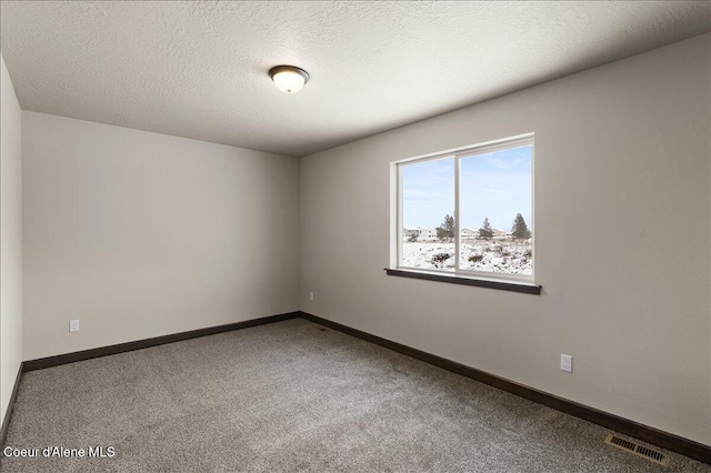 carpeted empty room featuring a textured ceiling