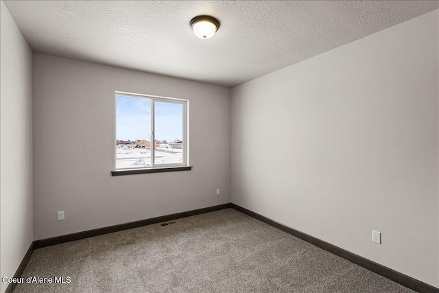 spare room featuring carpet flooring and a textured ceiling