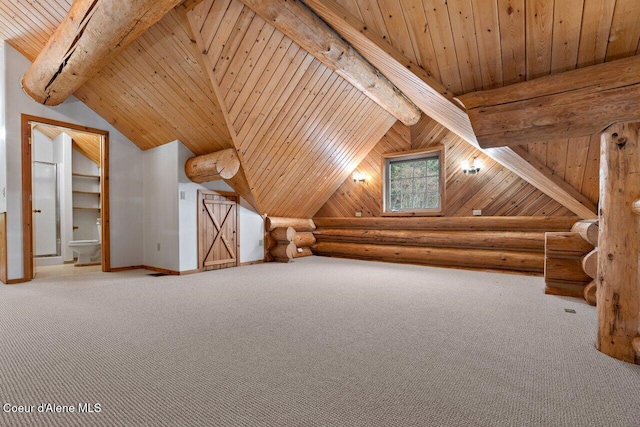 bonus room with vaulted ceiling with beams, carpet floors, rustic walls, and wood ceiling