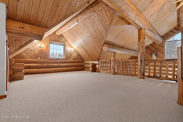 additional living space with carpet flooring, vaulted ceiling with beams, wooden ceiling, and log walls