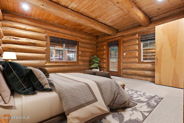 carpeted bedroom with beam ceiling, wood ceiling, and log walls