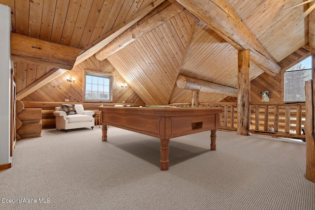 recreation room with vaulted ceiling with beams, wood walls, wood ceiling, and log walls