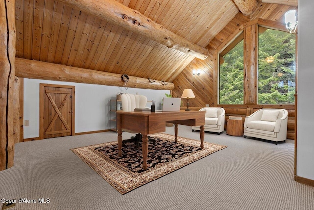 office area with beam ceiling, wooden ceiling, high vaulted ceiling, wood walls, and carpet