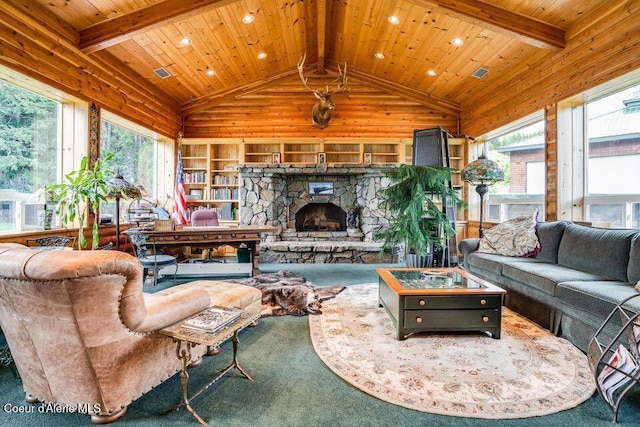 living room featuring wooden ceiling, beamed ceiling, high vaulted ceiling, a fireplace, and carpet