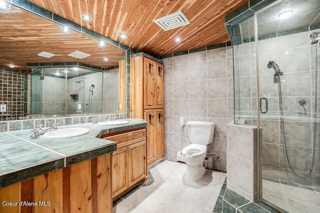 bathroom with a shower with door, toilet, wooden ceiling, and tile walls