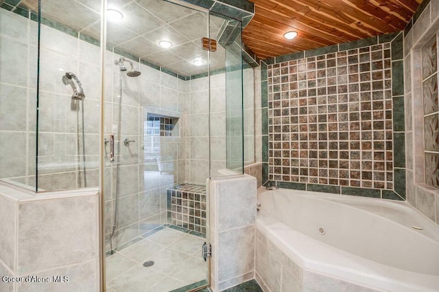 bathroom with separate shower and tub and wood ceiling