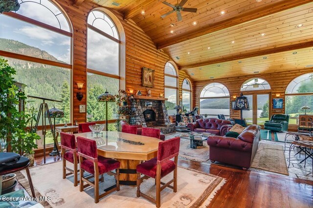 dining space with a healthy amount of sunlight, hardwood / wood-style floors, high vaulted ceiling, and wooden ceiling