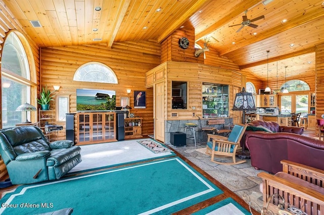 living room featuring ceiling fan, log walls, wooden ceiling, and high vaulted ceiling