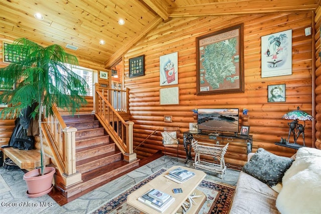 interior space featuring beam ceiling, wood ceiling, and high vaulted ceiling