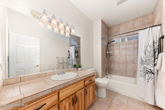 bathroom with toilet, shower / bath combination with curtain, vanity, and tile patterned floors