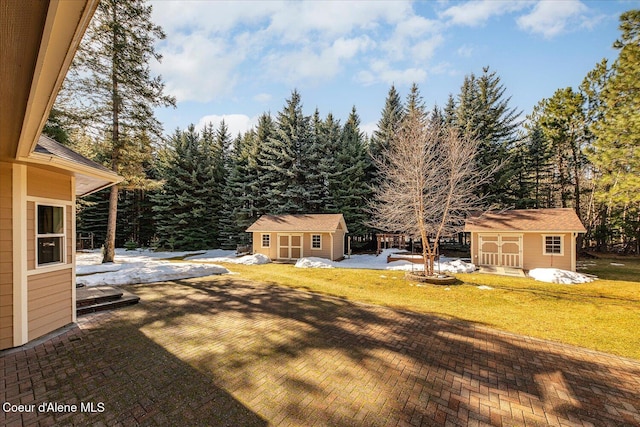 view of yard featuring a patio and an outdoor structure